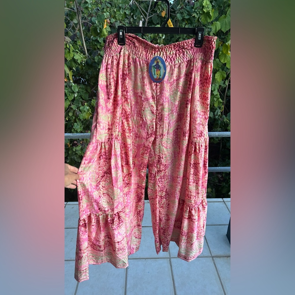 NWT Pink Floral Boho Wide-Leg 100% Silk Pants w Pockets & Gold Shimmer